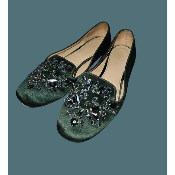 Tory Burch Green Satin Delphine T Logo Embellished Ballet Flats Size 8M - Picture 8 of 14